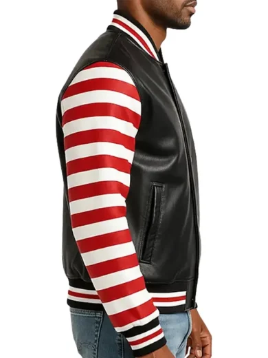 Men’s Black and Red Striped Leather Varsity Jacket