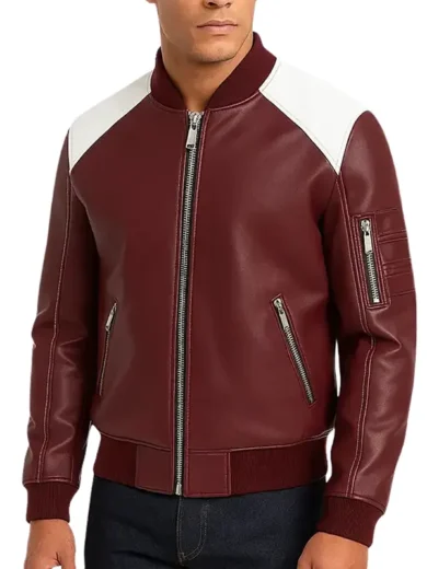 Men’s Maroon and White Leather Bomber Jacket