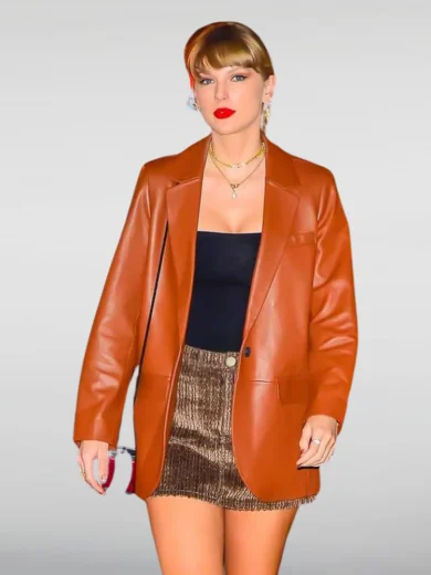 **Material:** 100% Real Leather **Inner:** Soft Viscose Lining **Closure:** Front Button Closure **Collar:** Notch Lapel Collar **Color:** Brown **Pockets:** Two Waist & One Inner Pocket **Cuffs:** Open Hem Cuffs **Style:** Taylor Swift Inspired Brown Leather Blazer – Chic & Timeless Look