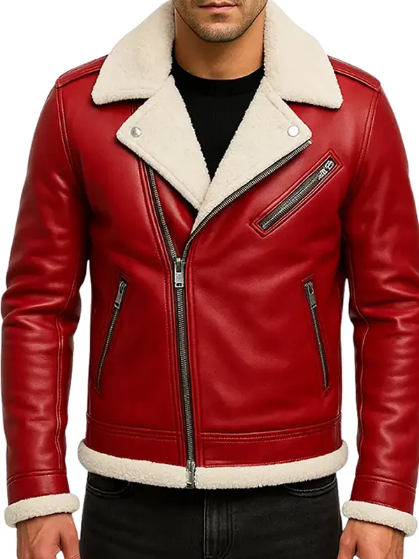 Men Red Shearling Leather Jacket