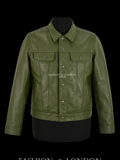 Men Trucker Leather Jacket Olive Classic Cowhide Leather Shirt Style Jacket 1280
