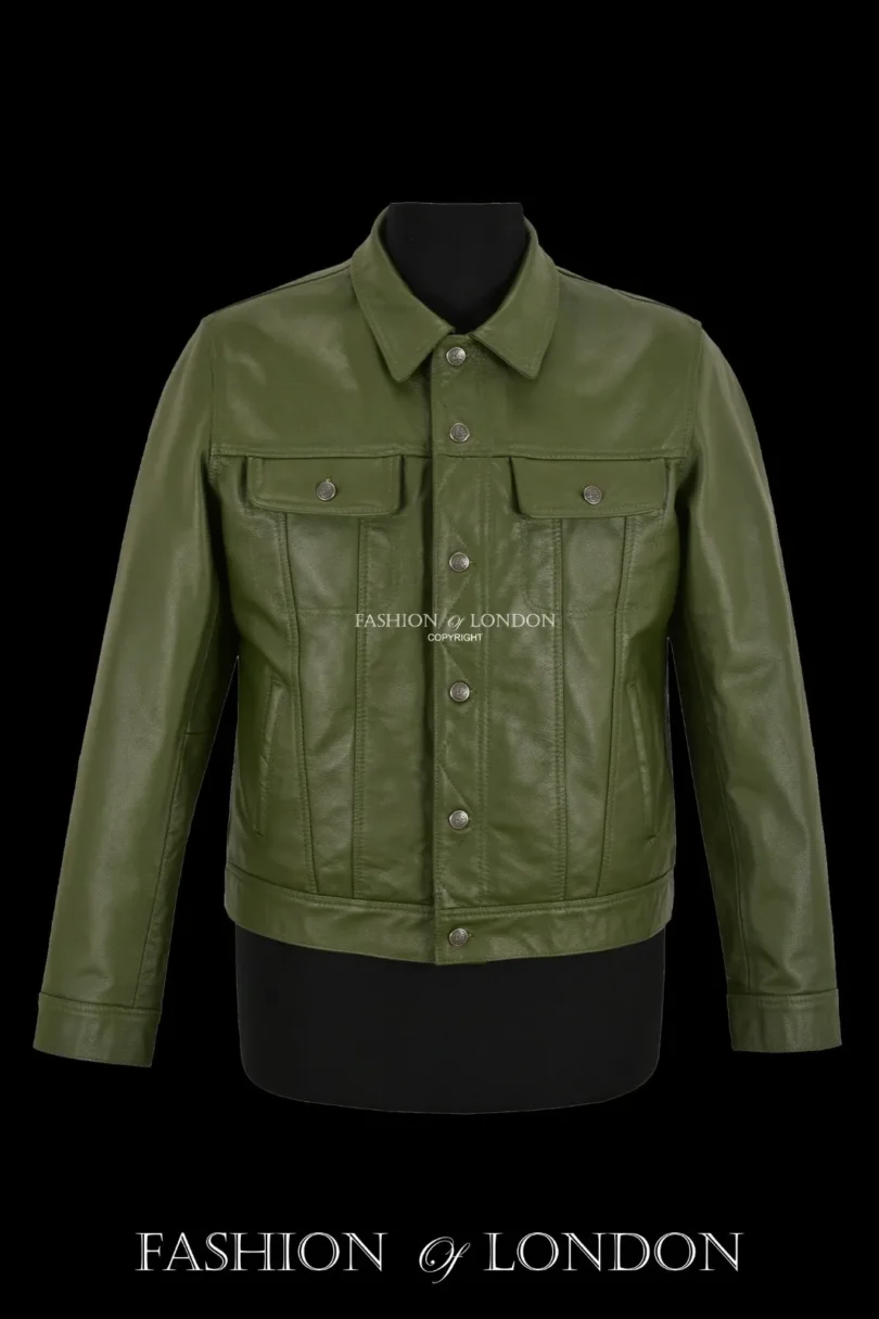 Men Trucker Leather Jacket Olive Classic Cowhide Leather Shirt Style Jacket 1280