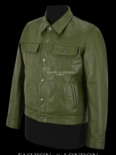 Men Trucker Leather Jacket Olive Classic Cowhide Leather Shirt Style Jacket 1280