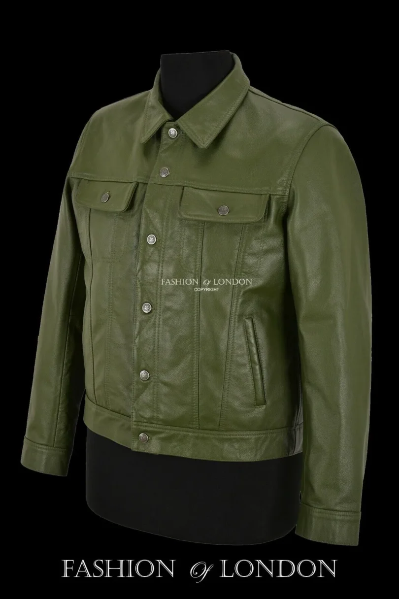 Men Trucker Leather Jacket Olive Classic Cowhide Leather Shirt Style Jacket 1280