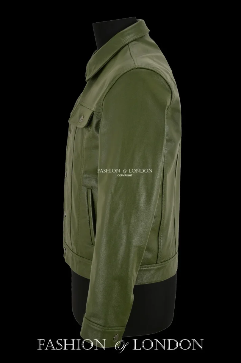 Men Trucker Leather Jacket Olive Classic Cowhide Leather Shirt Style Jacket 1280