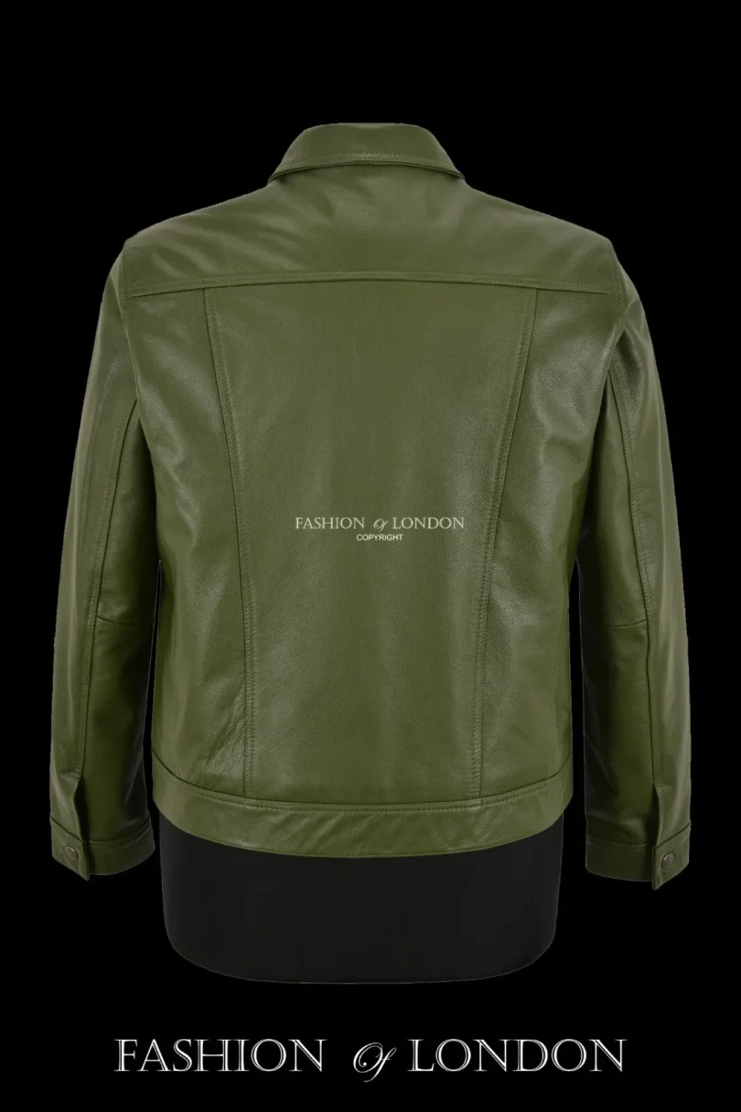 Men Trucker Leather Jacket Olive Classic Cowhide Leather Shirt Style Jacket 1280