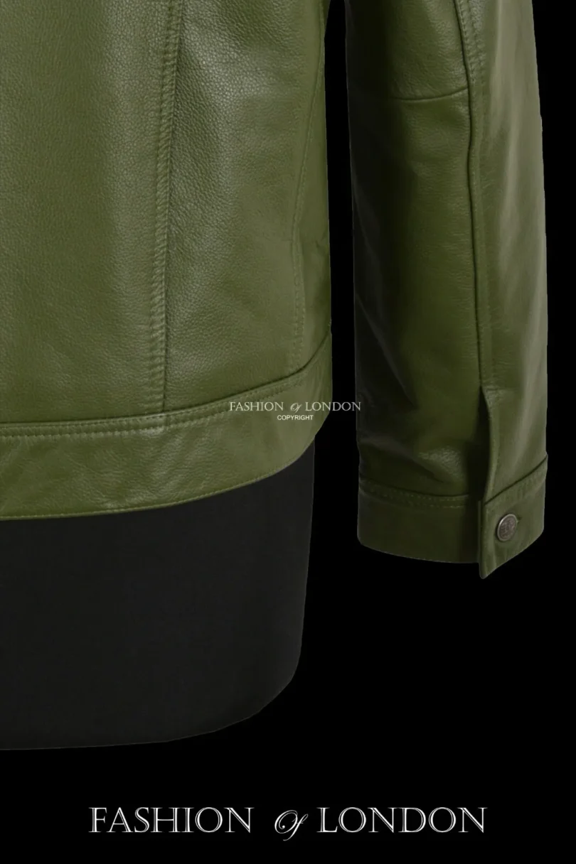 Men Trucker Leather Jacket Olive Classic Cowhide Leather Shirt Style Jacket 1280