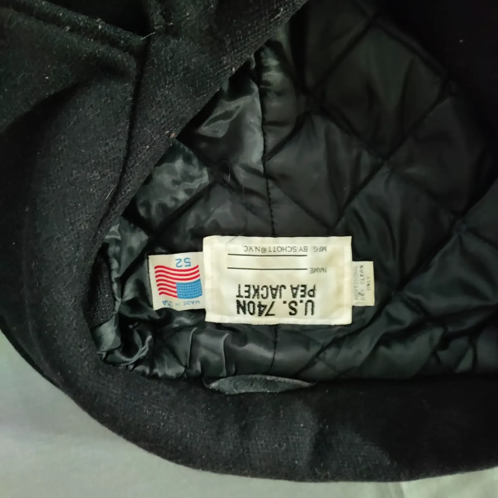 Schott U.S. 740N Pea Coat Quilted Lining Wool Black 52 USA Made Vintage Naval