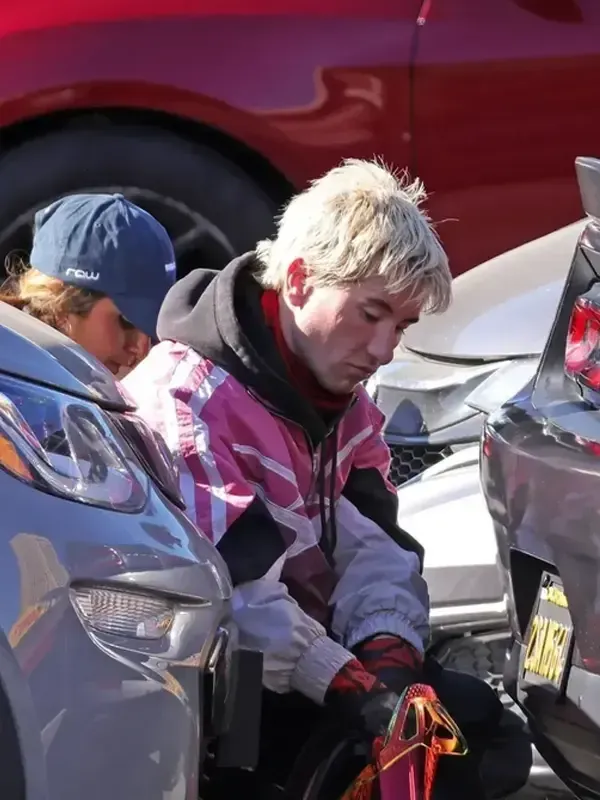 Crime 101 Barry Keoghan Pink Biker Hybrid Track Jacket