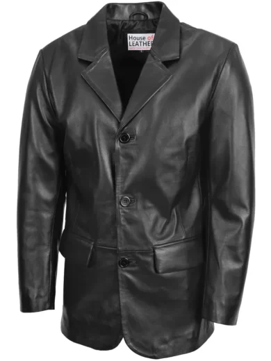 Mens Three Button Black Leather Blazer