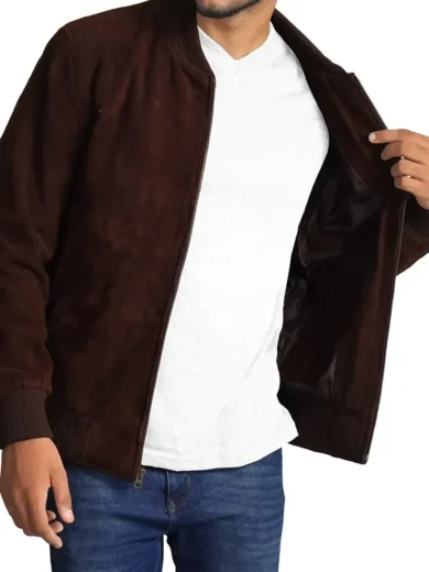 Dark Brown Suede Bomber Jacket Mens