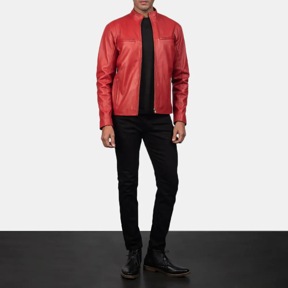 Mens Winter Red Motorbike Leather Jacket