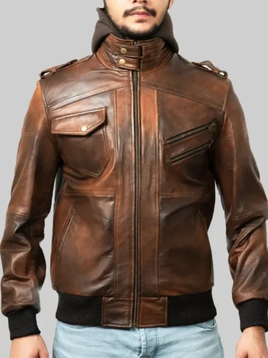 Mens Brown Leather Hooded Jacket
