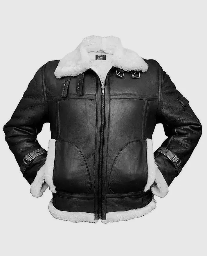Mens Black Bomber Aviator Shearling Jacket