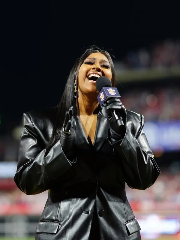 World Series Game Jazmine Sullivan Leather Coat