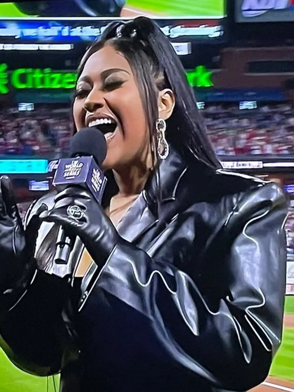 World Series Game Jazmine Sullivan Leather Coat