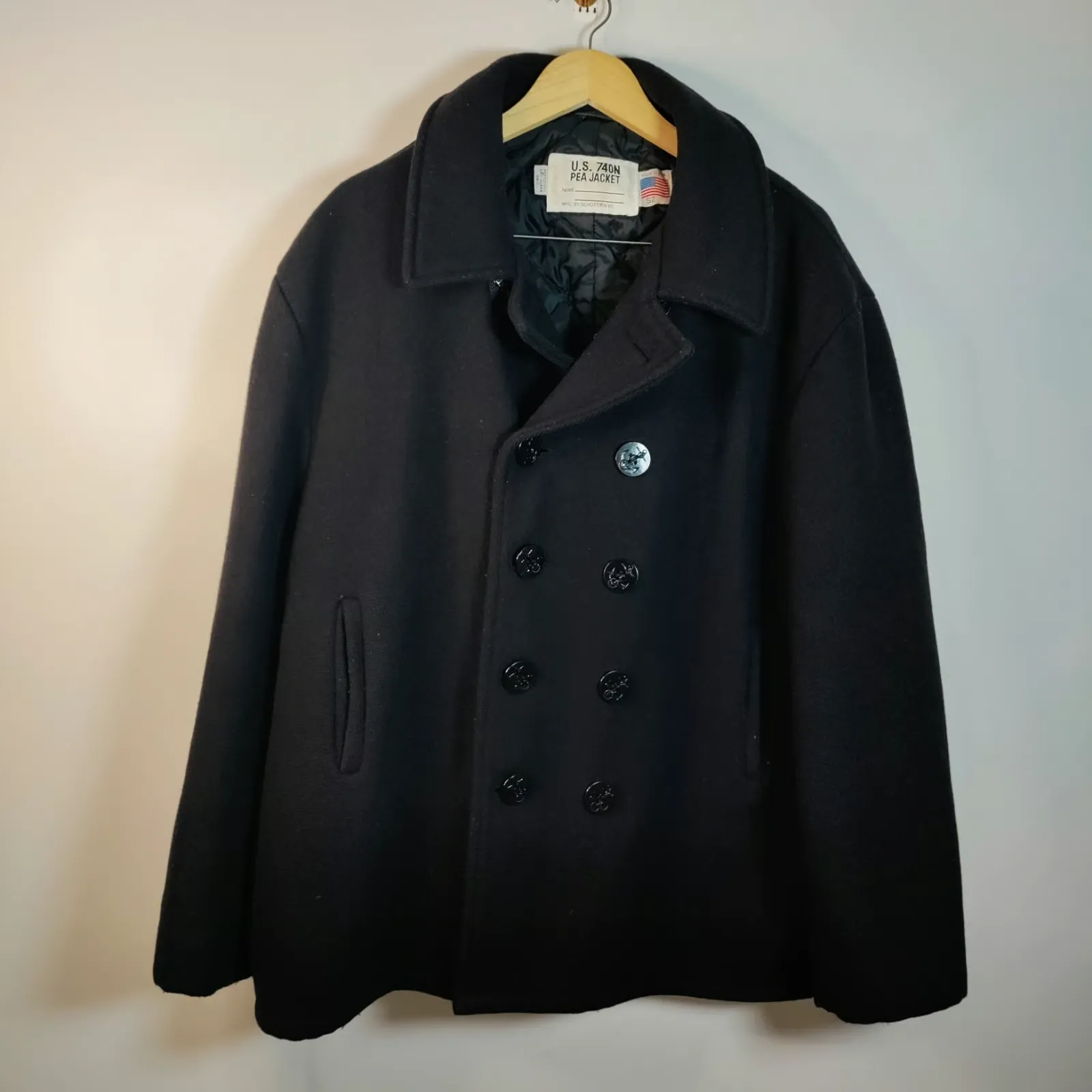 Schott U.S. 740N Pea Coat Quilted Lining Wool Black 52 USA Made Vintage Naval