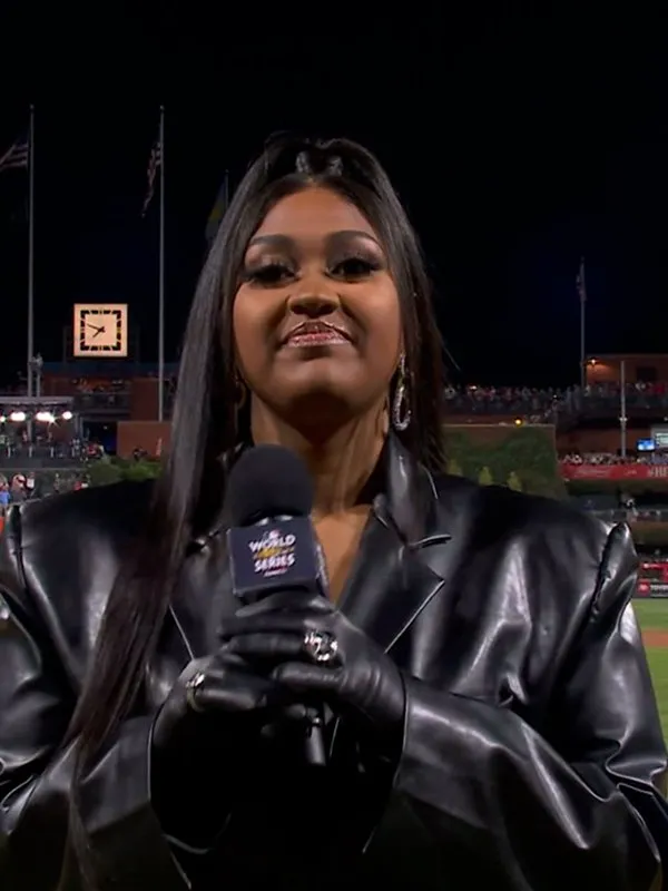 World Series Game Jazmine Sullivan Leather Coat