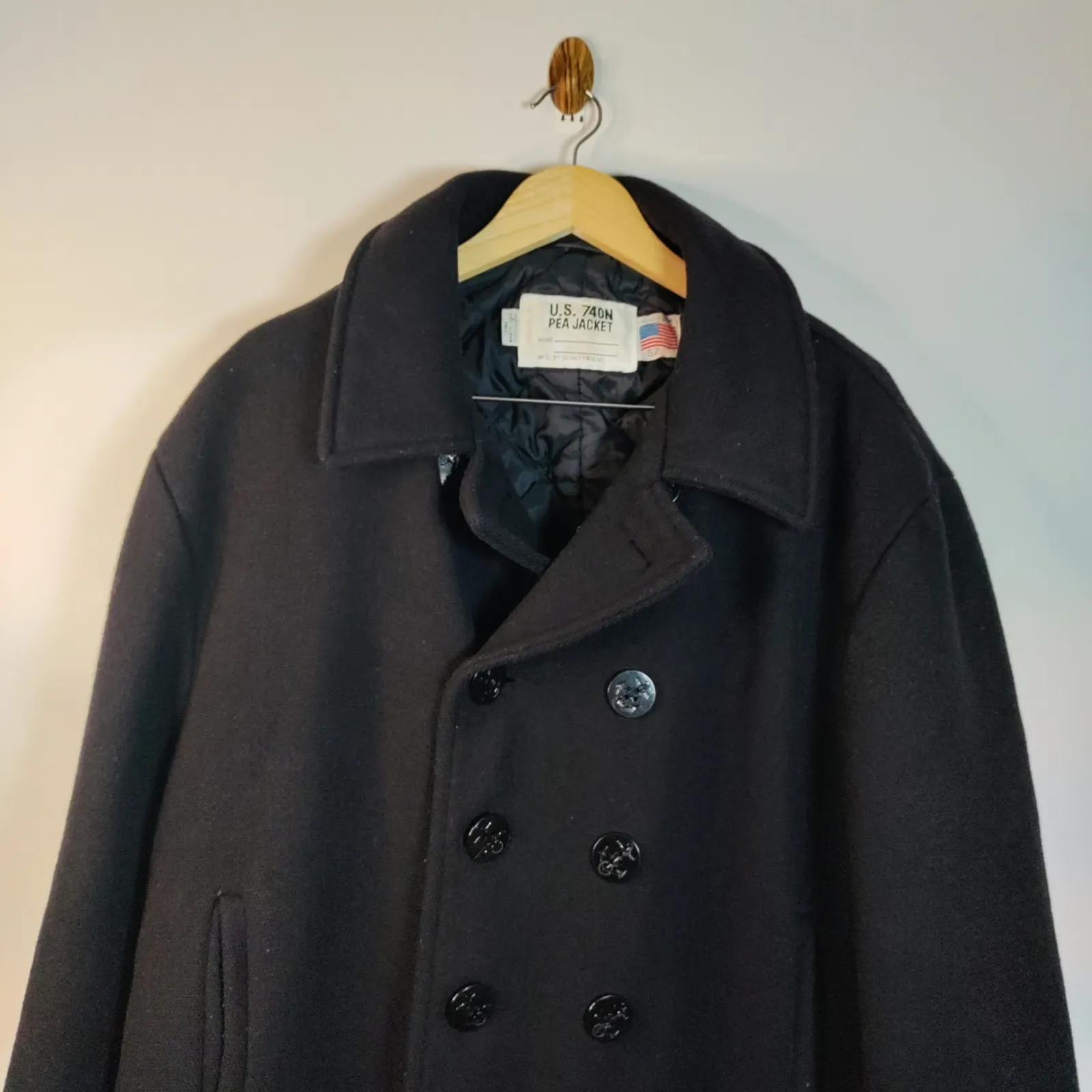 Schott U.S. 740N Pea Coat Quilted Lining Wool Black 52 USA Made Vintage Naval
