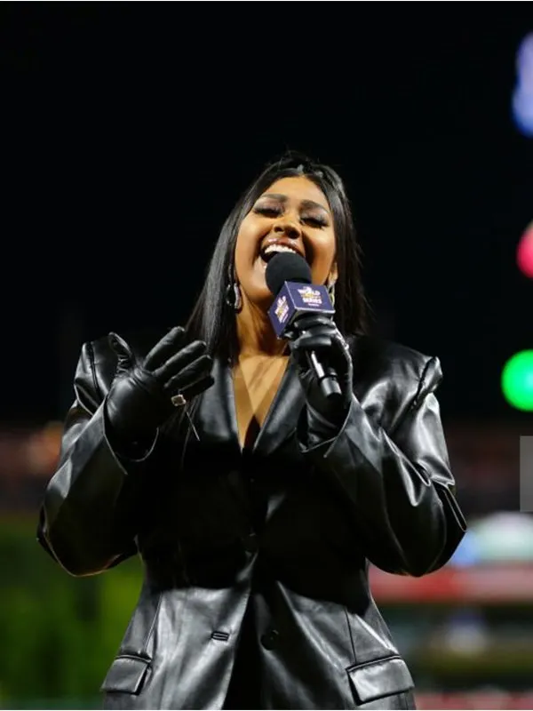 World Series Game Jazmine Sullivan Leather Coat