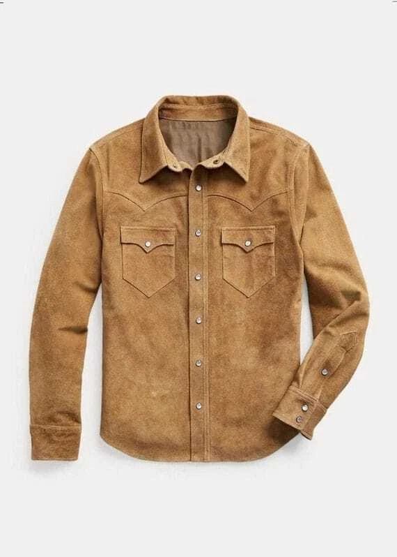 Men Suede Leather Trucker Premium Western Wear Shirt - Suede Leather Shirt