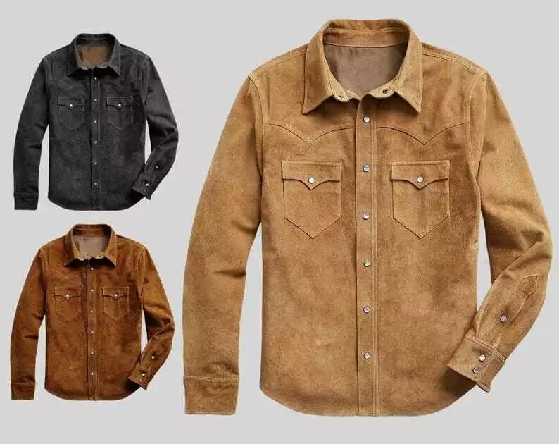Men Suede Leather Trucker Premium Western Wear Shirt - Suede Leather Shirt