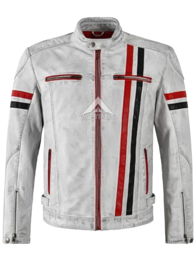 Mens Cafe Racer Vintage White Biker Red Black Stripes Real Leather Jacket 5033