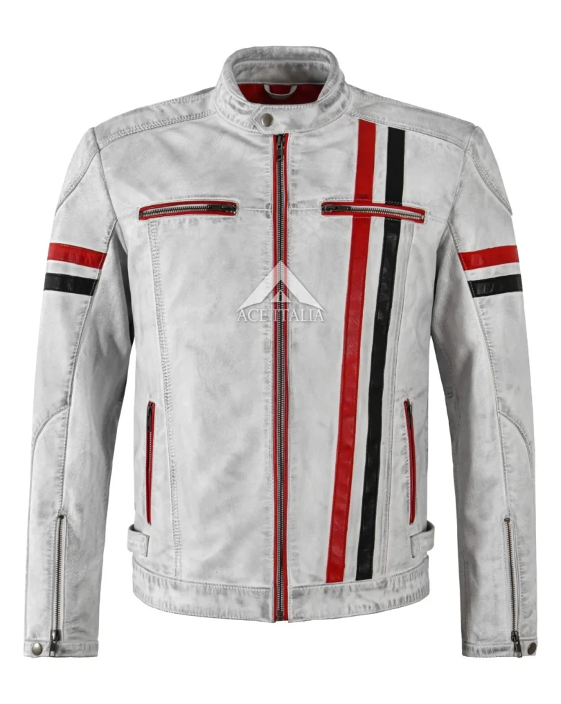 Mens Cafe Racer Vintage White Biker Red Black Stripes Real Leather Jacket 5033