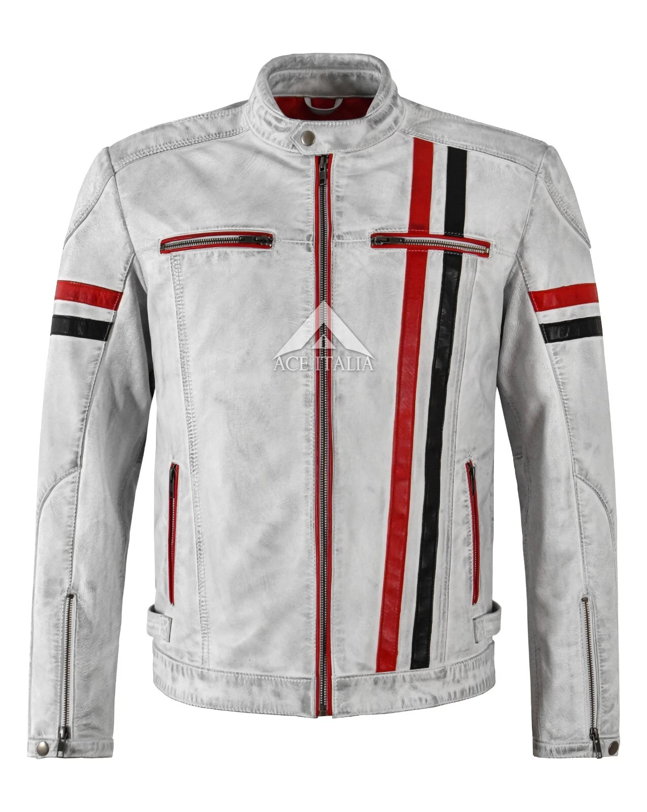 Mens Cafe Racer Vintage White Biker Red Black Stripes Real Leather Jacket 5033