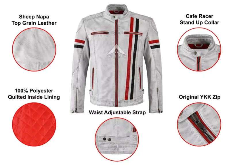 Mens Cafe Racer Vintage White Biker Red Black Stripes Real Leather Jacket 5033