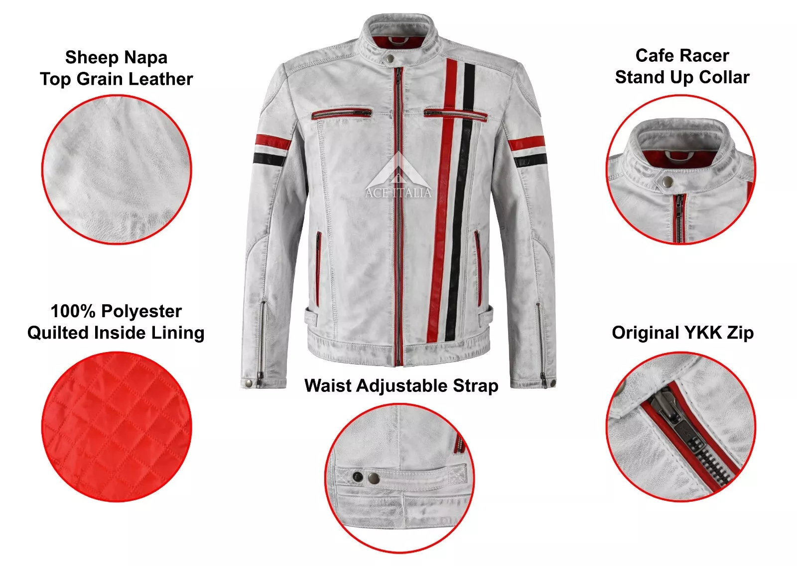 Mens Cafe Racer Vintage White Biker Red Black Stripes Real Leather Jacket 5033
