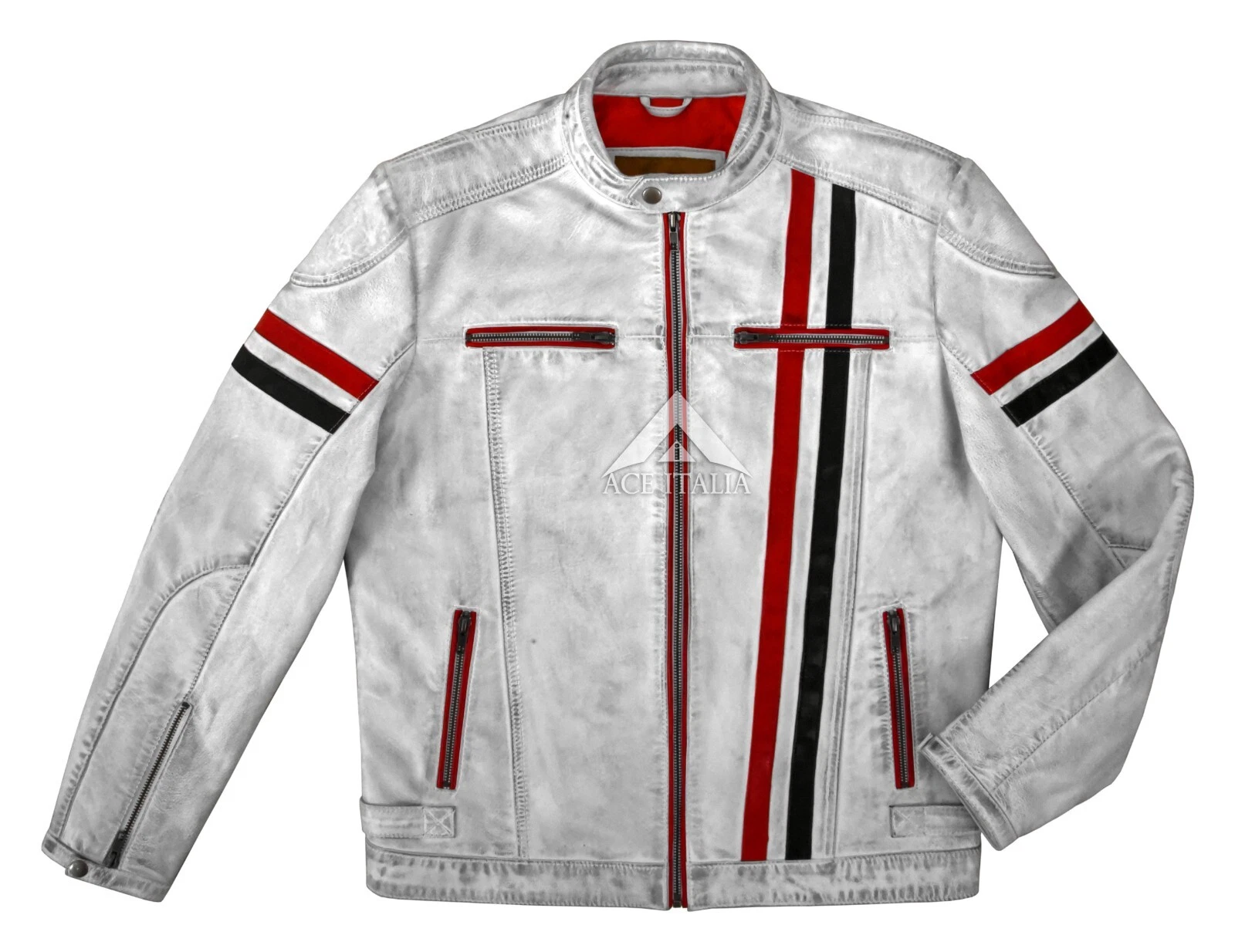 Mens Cafe Racer Vintage White Biker Red Black Stripes Real Leather Jacket 5033