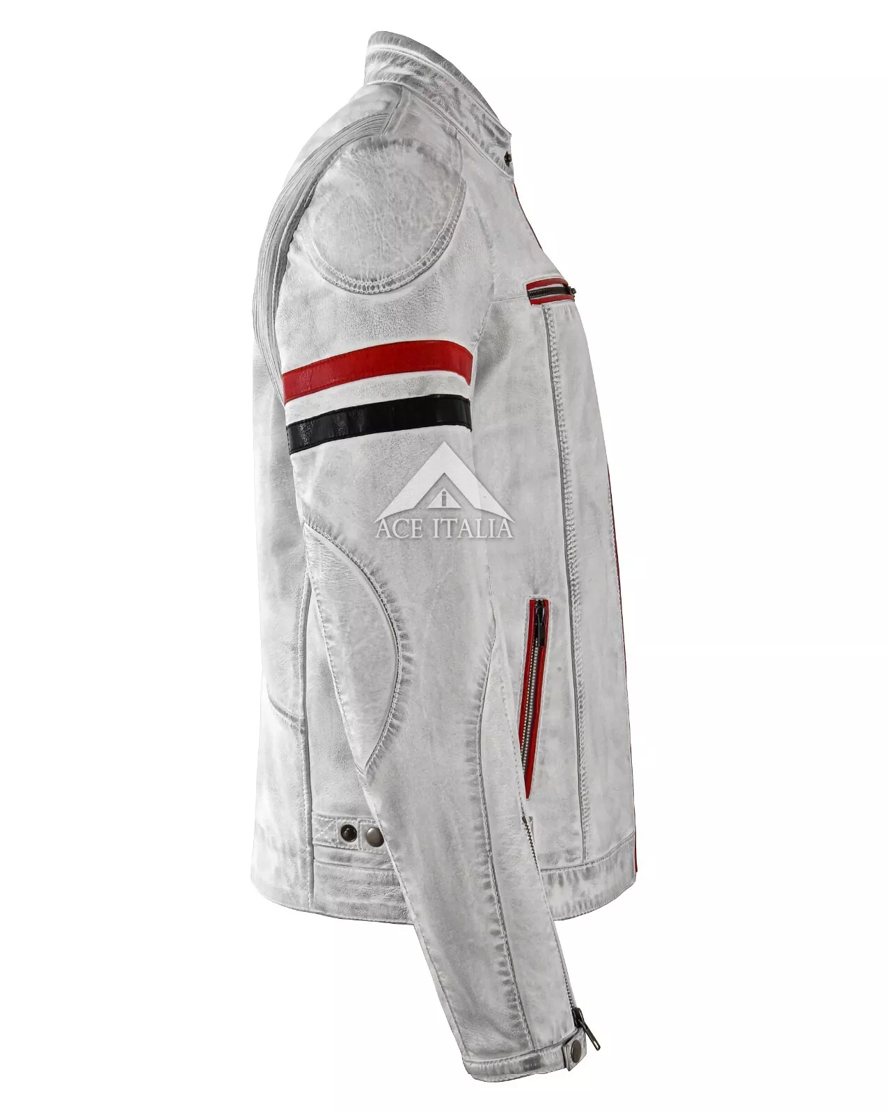 Mens Cafe Racer Vintage White Biker Red Black Stripes Real Leather Jacket 5033