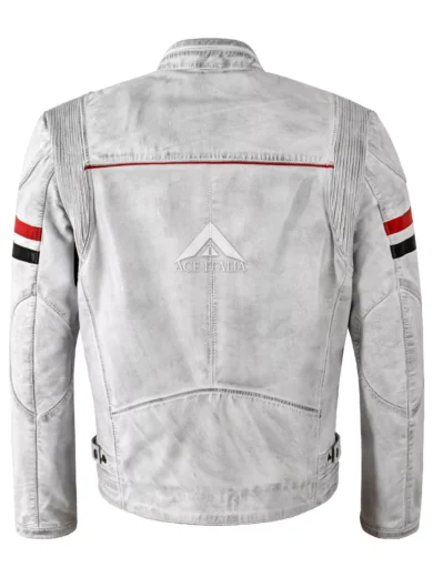 Mens Cafe Racer Vintage White Biker Red Black Stripes Real Leather Jacket 5033