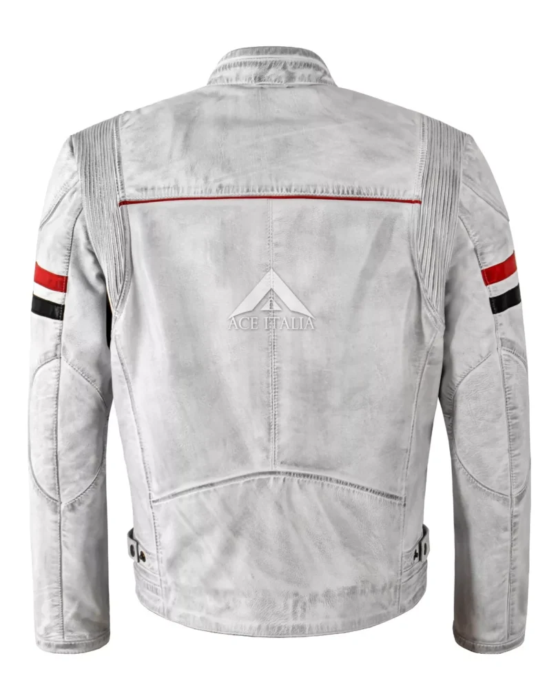 Mens Cafe Racer Vintage White Biker Red Black Stripes Real Leather Jacket 5033