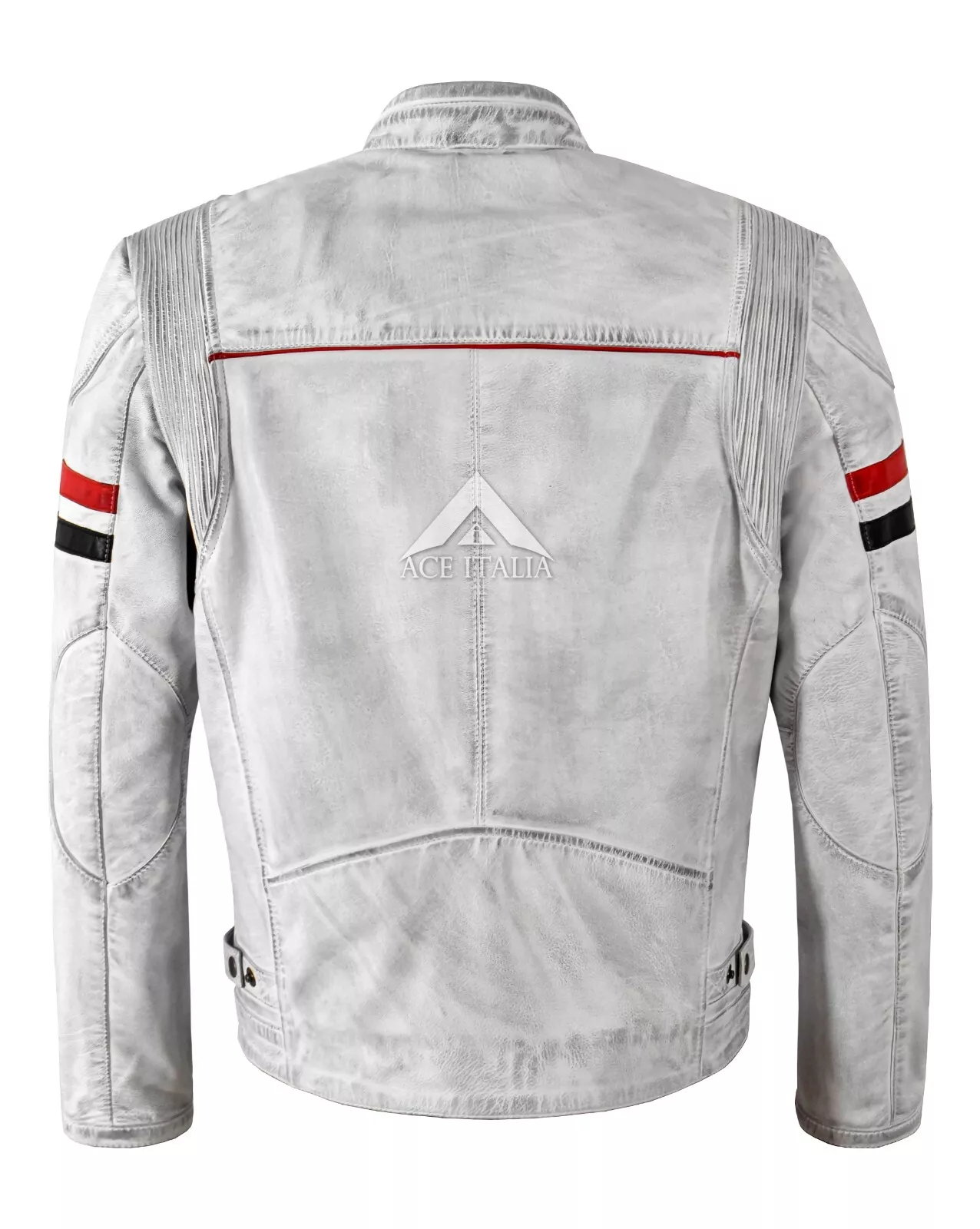 Mens Cafe Racer Vintage White Biker Red Black Stripes Real Leather Jacket 5033