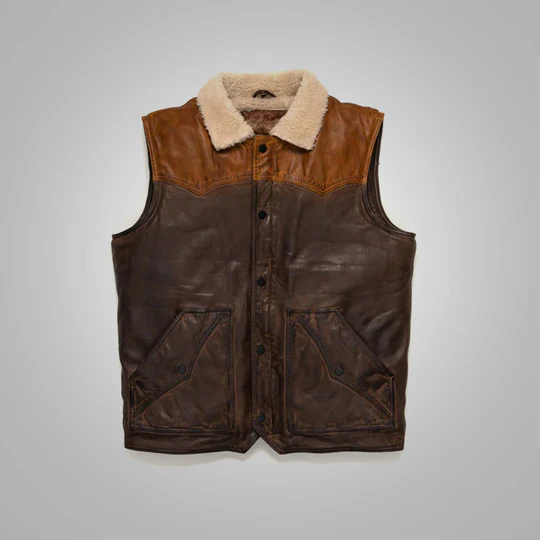 Mens Shearling Brown Leather Vest