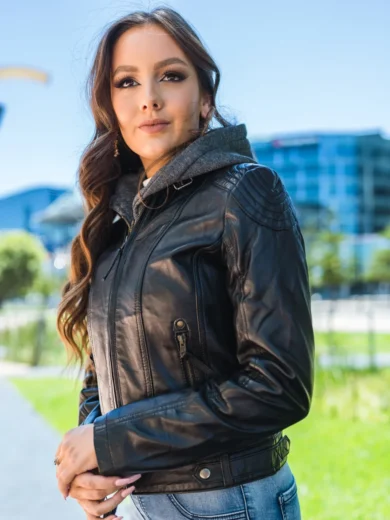 Hooded Moto Black Leather Jacket Women