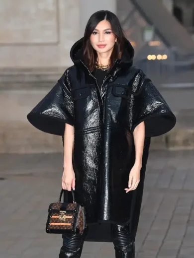 Gemma Chan Black Leather Coat