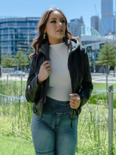 Hooded Moto Black Leather Jacket Women