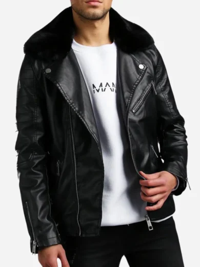 Mens Leather Biker Jacket With Fur Collar
