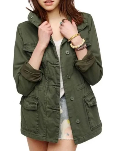 Women 4 Pocket Military Green Jacket