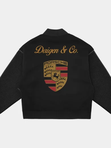 Porsche Faux Leather Sleeves Oversized Varsity Jacket