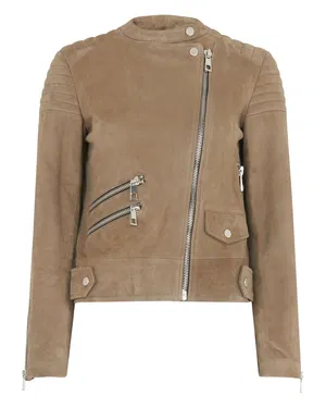 Women’s Collarless Khaki Suede Leather Jacket