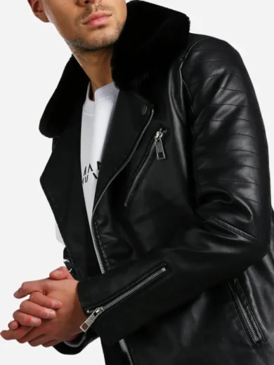 Mens Leather Biker Jacket With Fur Collar