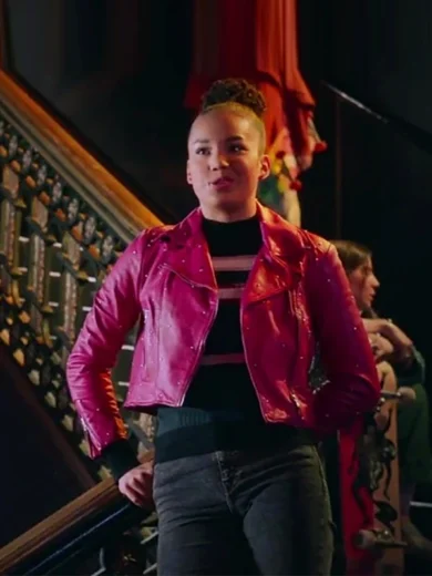 Own the East High stage in rebel-chic style. Gina's pink biker jacket is a bold, character-defining piece from the series. Stream *HSM:TM:TS* now.