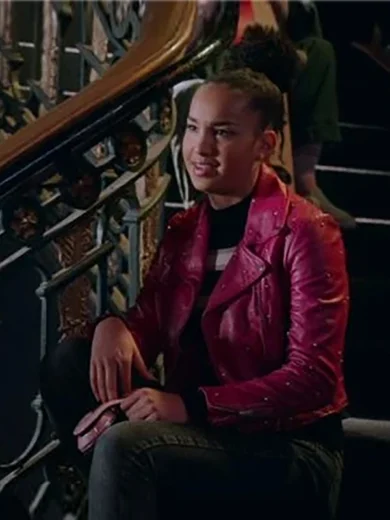 Own the East High stage in rebel-chic style. Gina's pink biker jacket is a bold, character-defining piece from the series. Stream *HSM:TM:TS* now.
