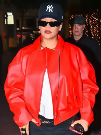 Rihanna Oversized Red Leather Jacket