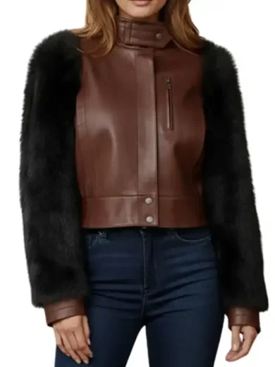 Brown Leather Black Fur Sleeve Jacket