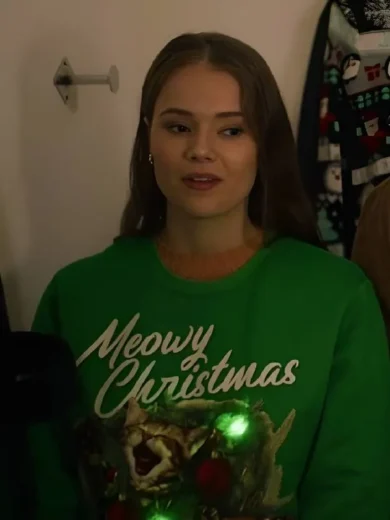 A Royal Icing Christmas Ellise Roth Cat Graphic Green Sweater